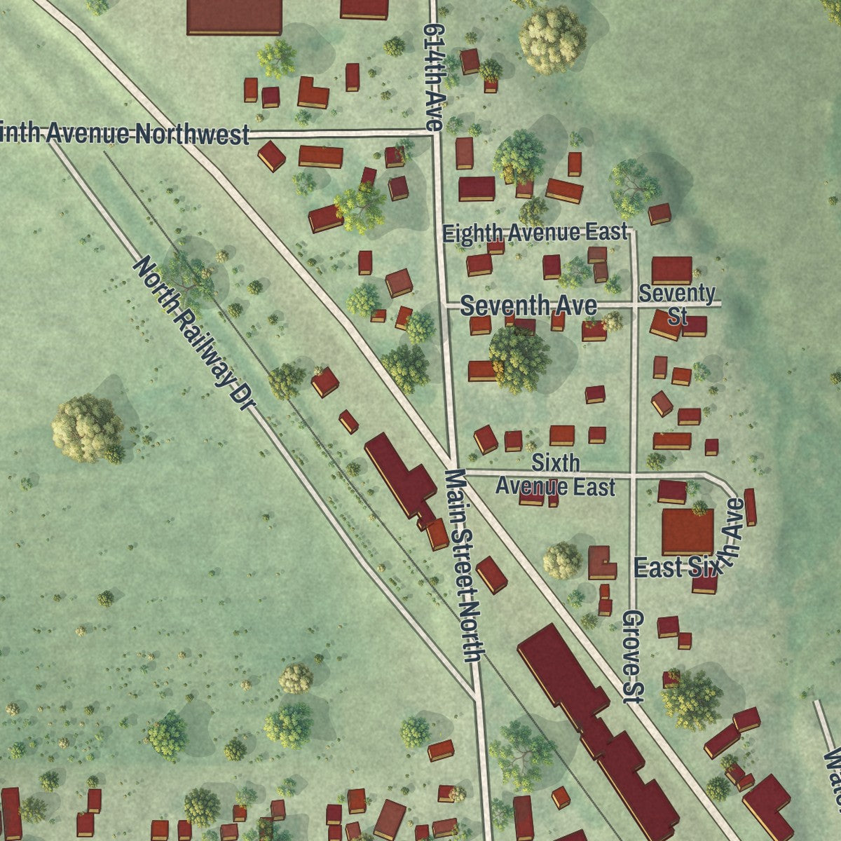Second close-up of the map of Minnesota Lake, Minnesota print showing more streets and buildings
