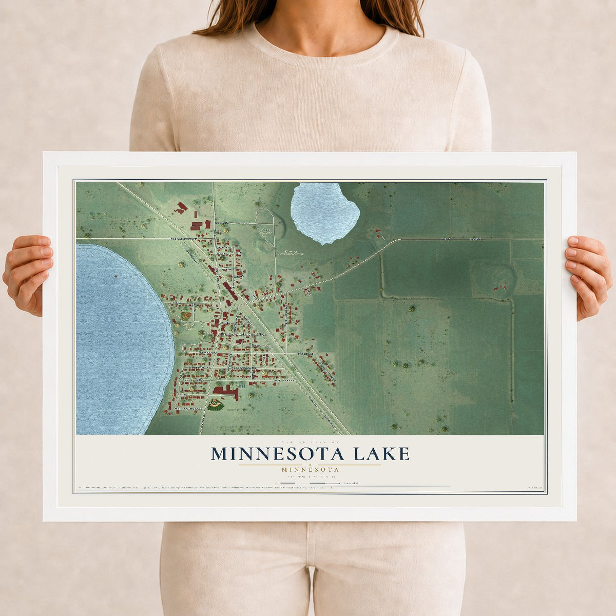Map of Minnesota Lake, Minnesota, 12 x 18 inch print in a white wood frame