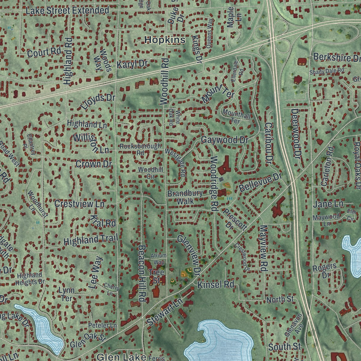 Close-up of the map of Minnetonka, Minnesota print showing street and building detail
