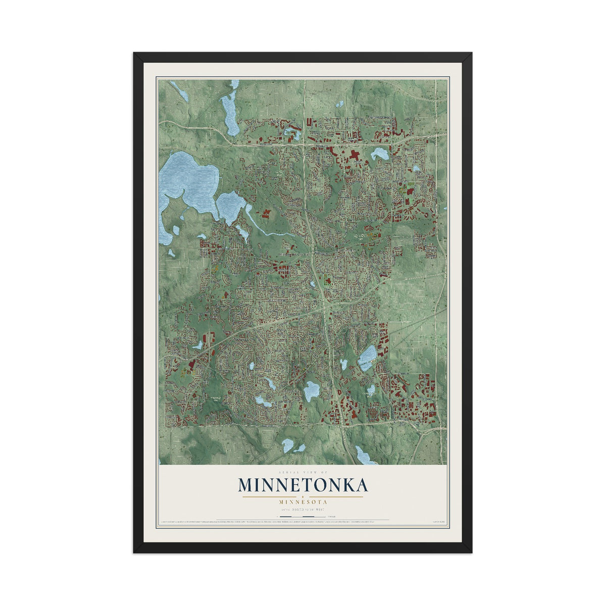 Map of Minnetonka, Minnesota, 12 x 18 inch print in a black wood frame
