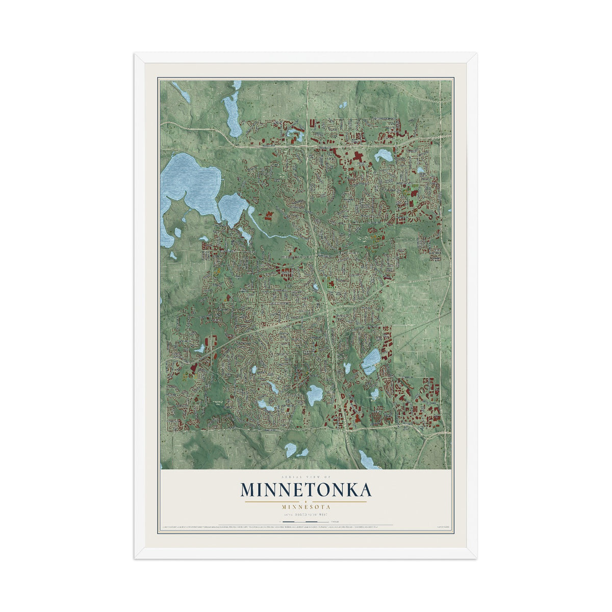 Map of Minnetonka, Minnesota, 12 x 18 inch print in a white wood frame