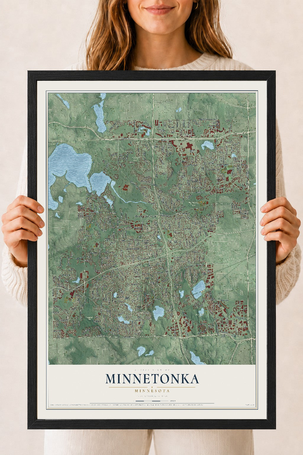 Map of Minnetonka, Minnesota, 18 x 24 inch print in a black wood frame