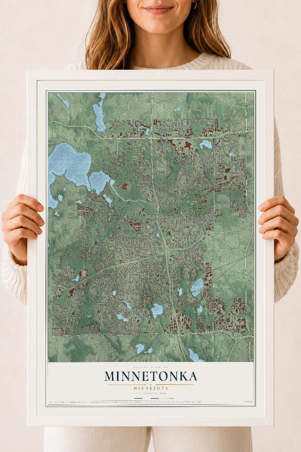 Map of Minnetonka, Minnesota, 18 x 24 inch print in a white wood frame