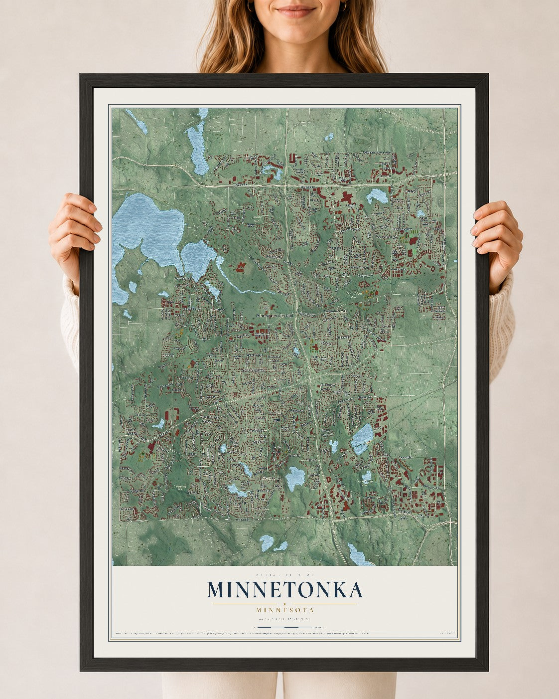 Map of Minnetonka, Minnesota, 24 x 36 inch print in a black wood frame