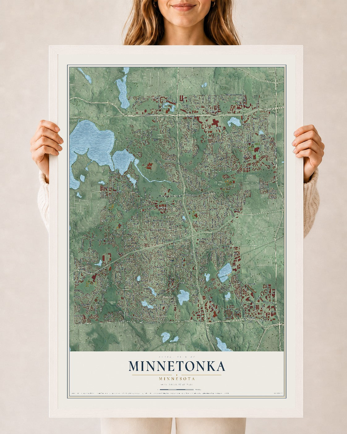 Map of Minnetonka, Minnesota, 24 x 36 inch print in a white wood frame