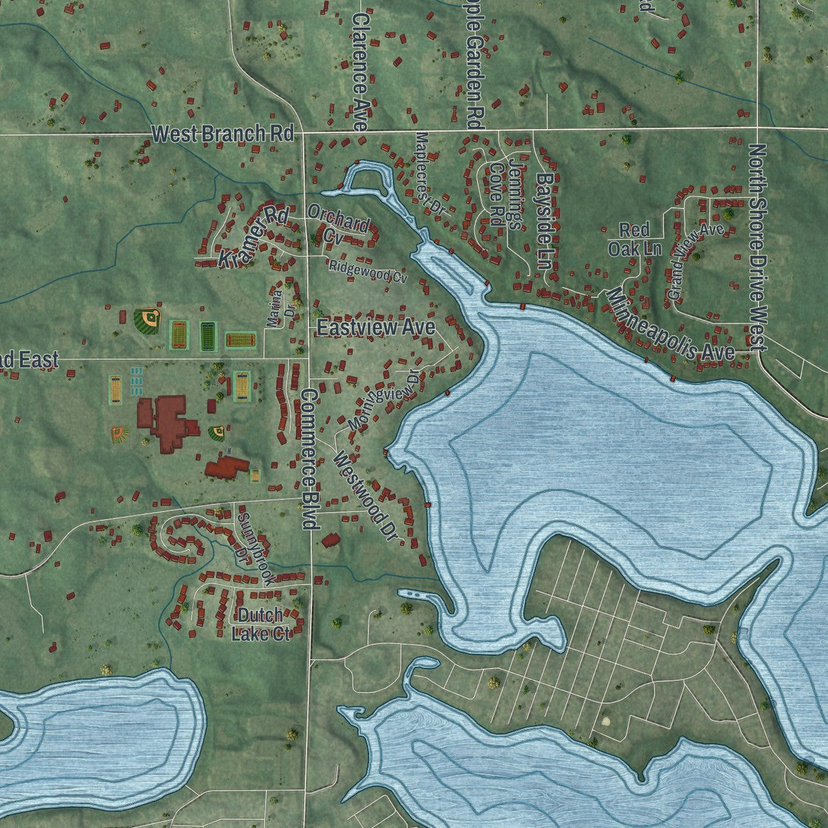 Second close-up of the map of Minnetrista, Minnesota print showing more streets and buildings