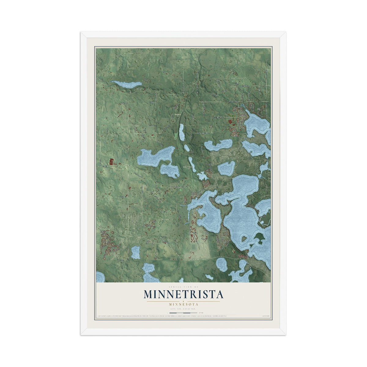 Map of Minnetrista, Minnesota, 12 x 18 inch print in a white wood frame