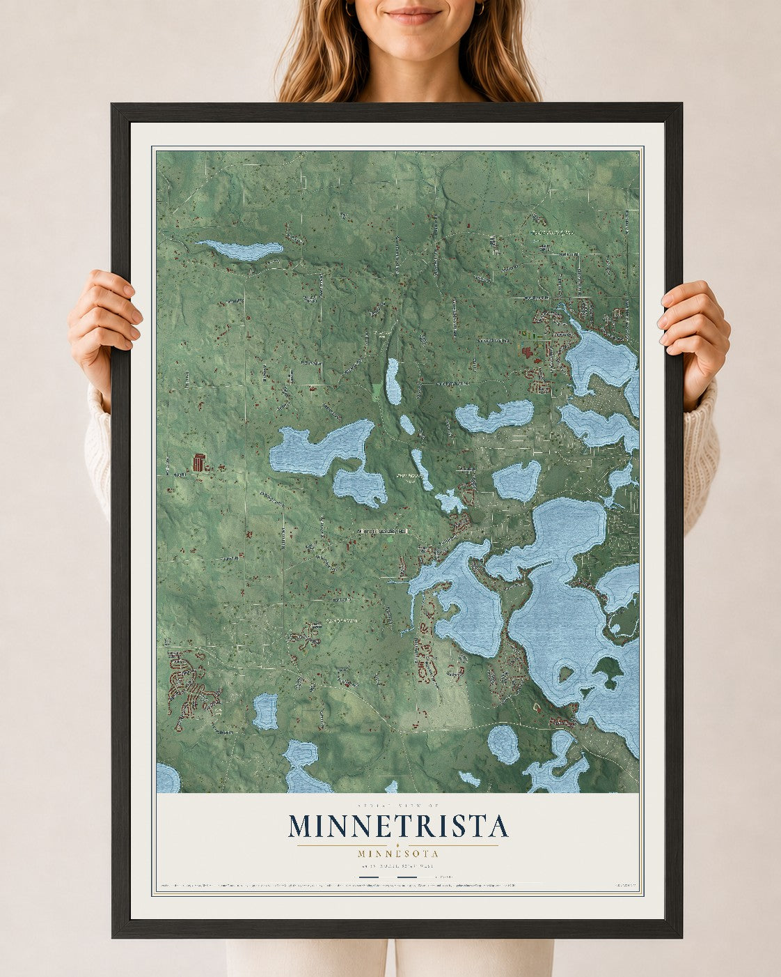 Map of Minnetrista, Minnesota, 24 x 36 inch print in a black wood frame