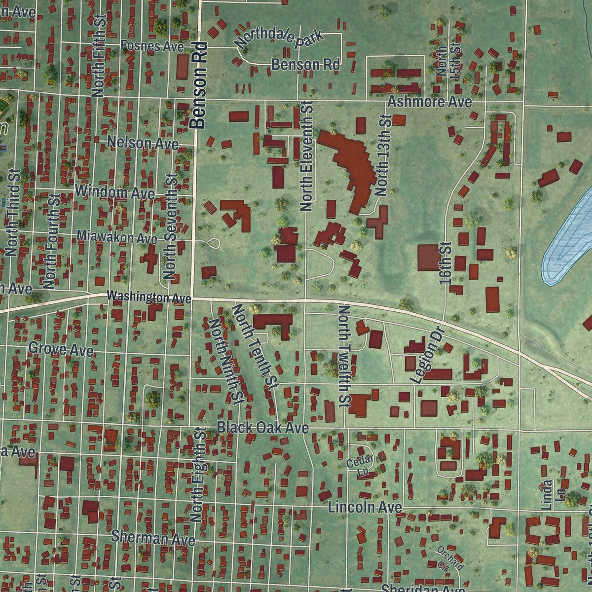 Close-up of the map of Montevideo, Minnesota print showing street and building detail