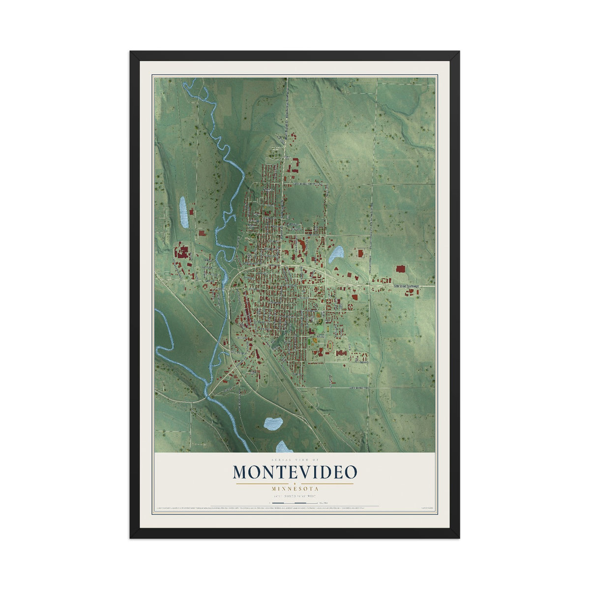 Map of Montevideo, Minnesota, 12 x 18 inch print in a black wood frame
