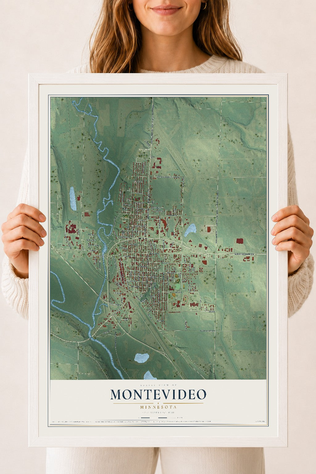 Map of Montevideo, Minnesota, 18 x 24 inch print in a white wood frame