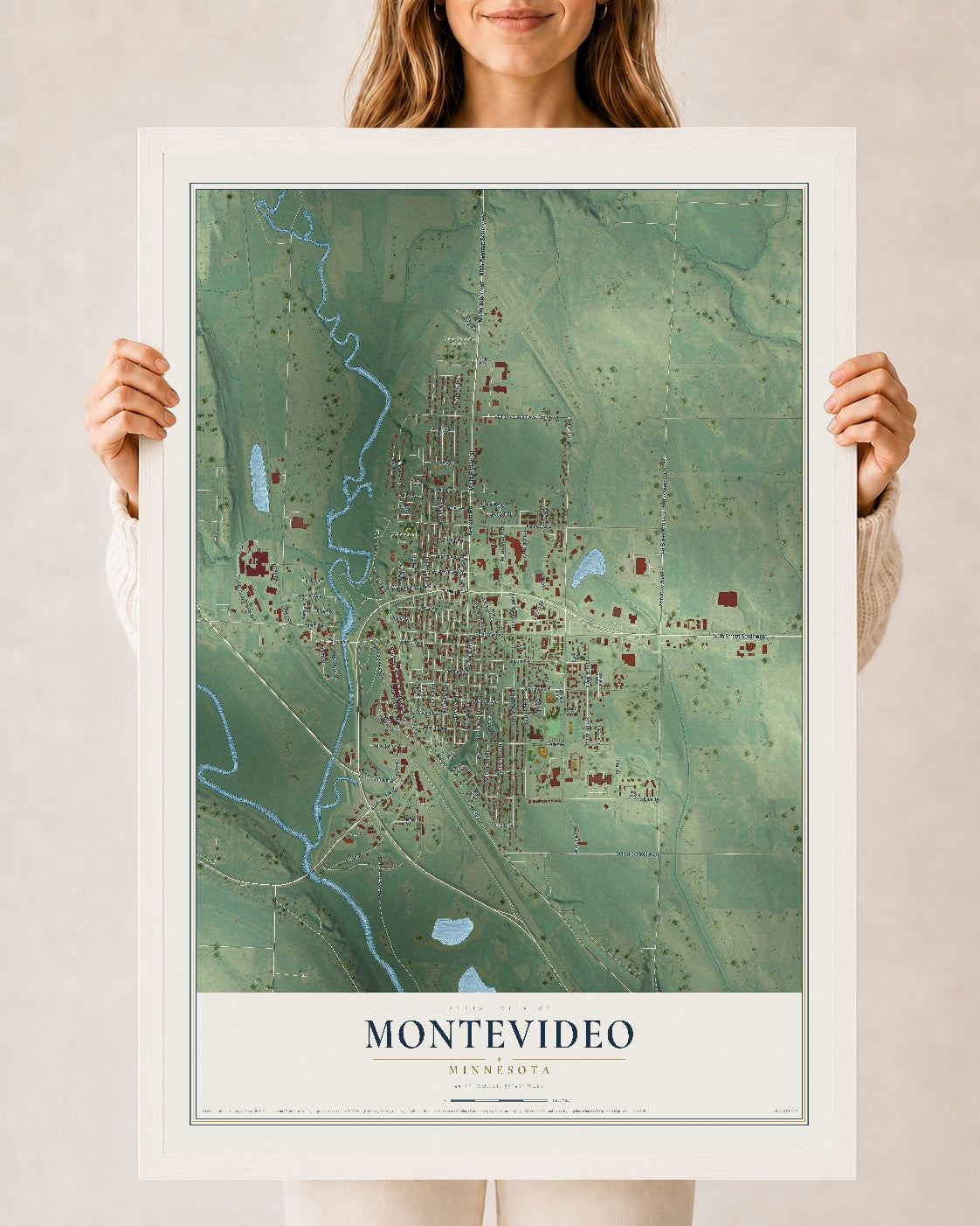 Map of Montevideo, Minnesota, 24 x 36 inch print in a white wood frame
