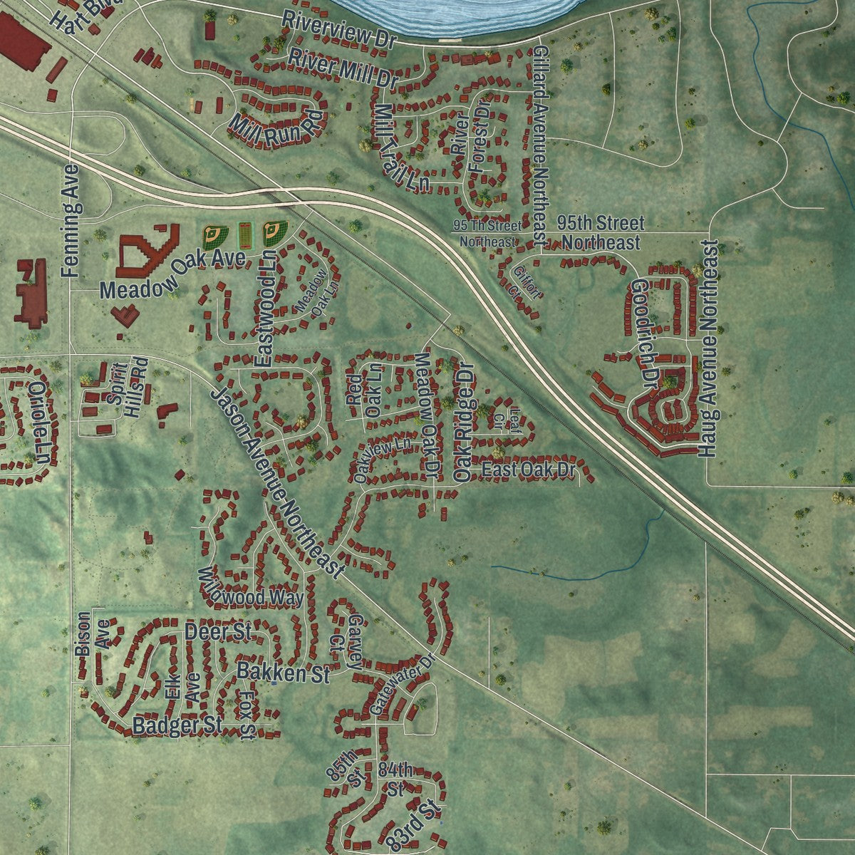 Second close-up of the map of Monticello, Minnesota print showing more streets and buildings