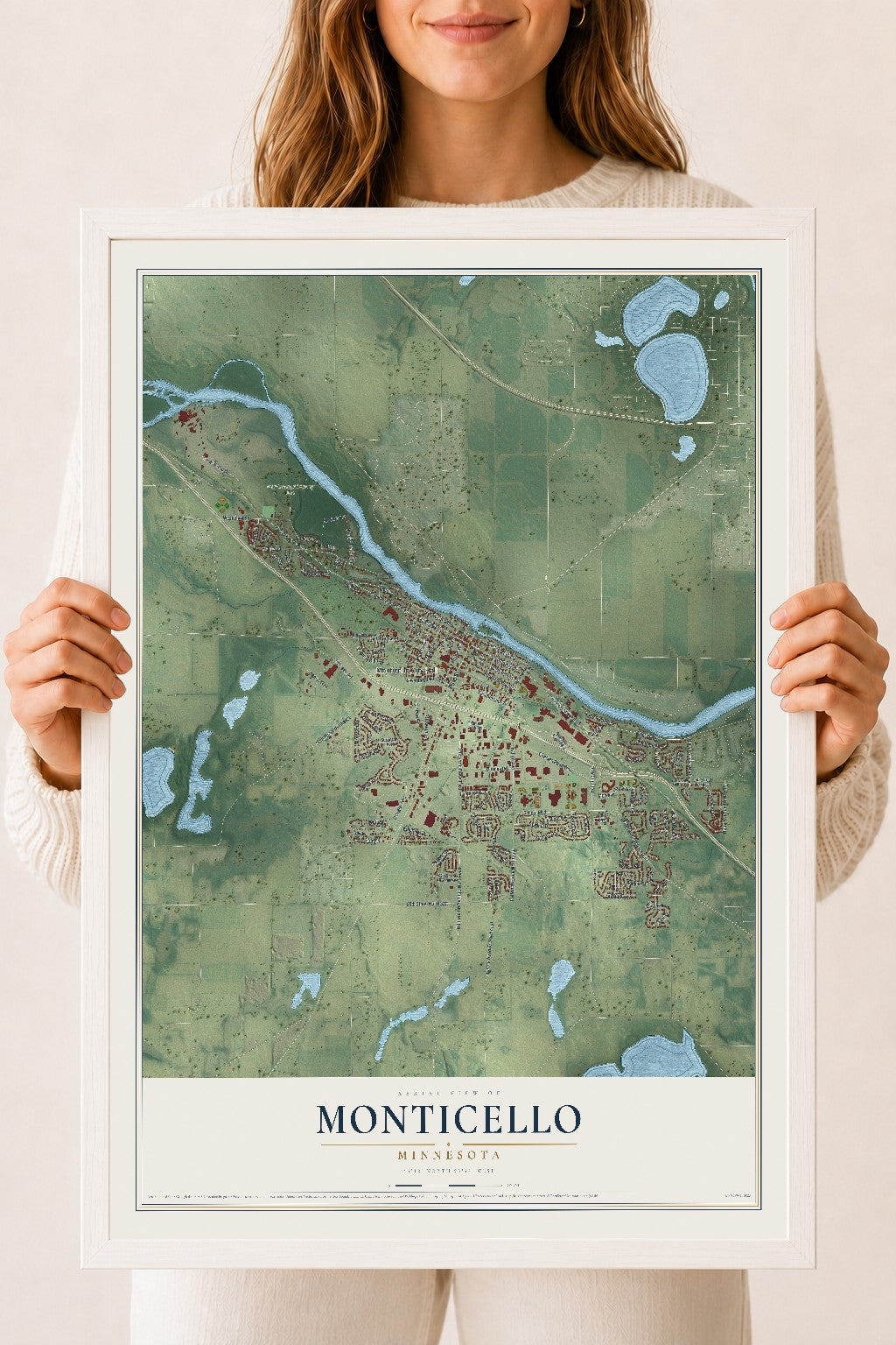 Map of Monticello, Minnesota, 18 x 24 inch print in a white wood frame