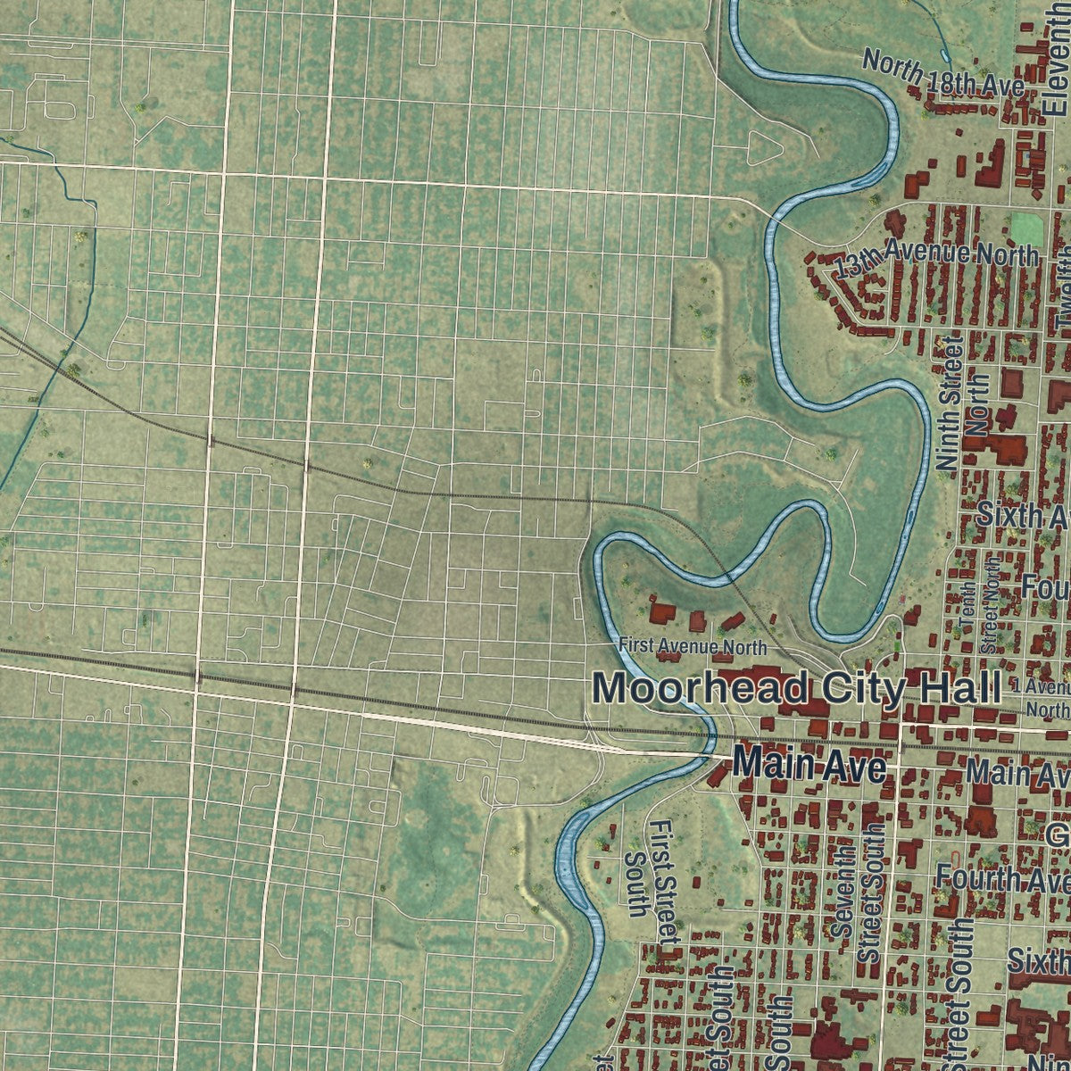 Second close-up of the map of Moorhead, Minnesota print showing more streets and buildings