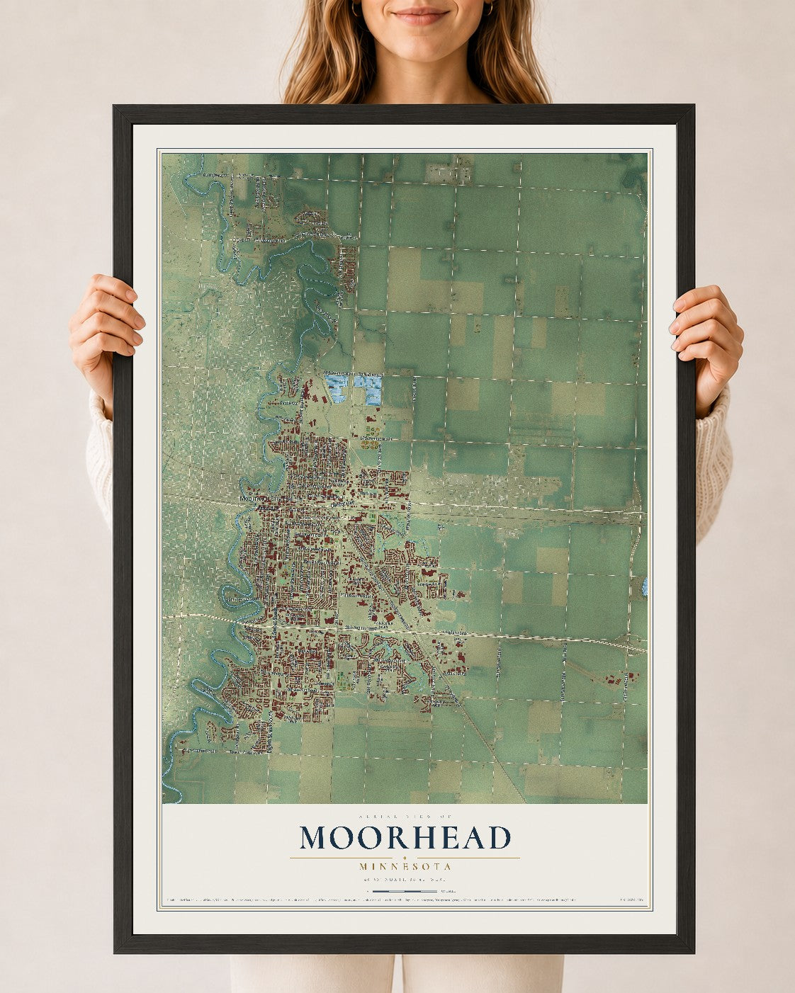Map of Moorhead, Minnesota, 24 x 36 inch print in a black wood frame
