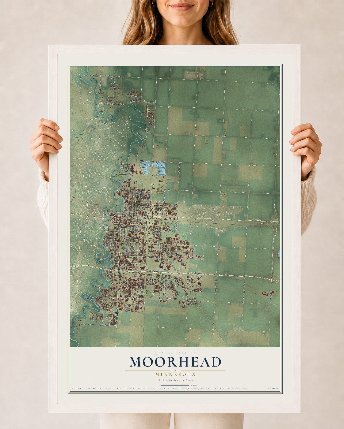 Map of Moorhead, Minnesota, 24 x 36 inch print in a white wood frame