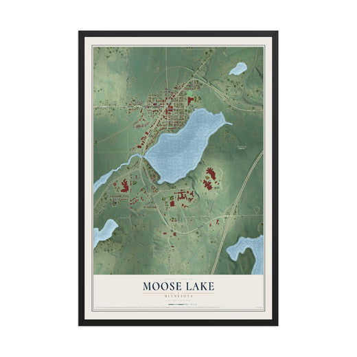 Map of Moose Lake, Minnesota, 12 x 18 inch print in a black wood frame