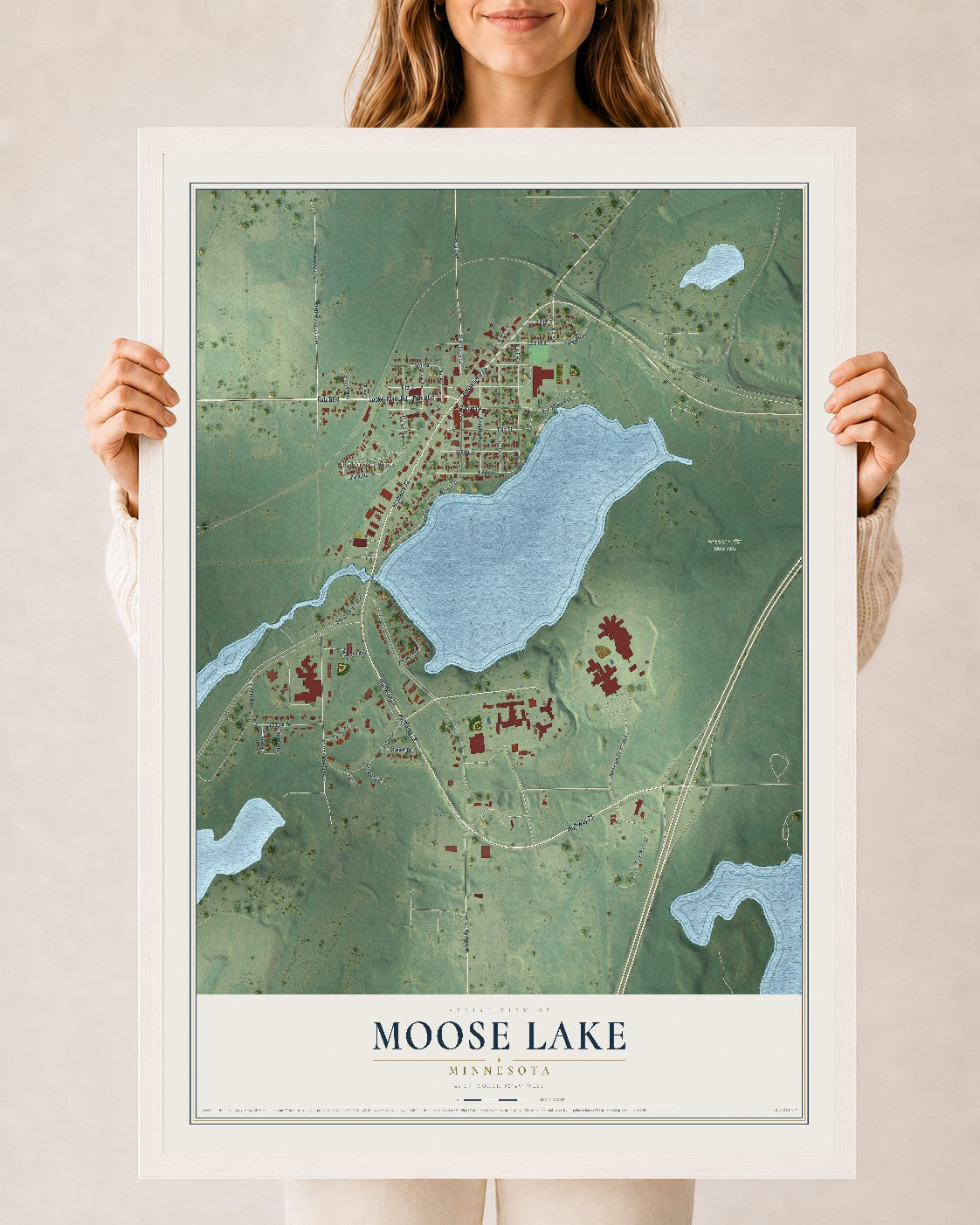 Map of Moose Lake, Minnesota, 24 x 36 inch print in a white wood frame