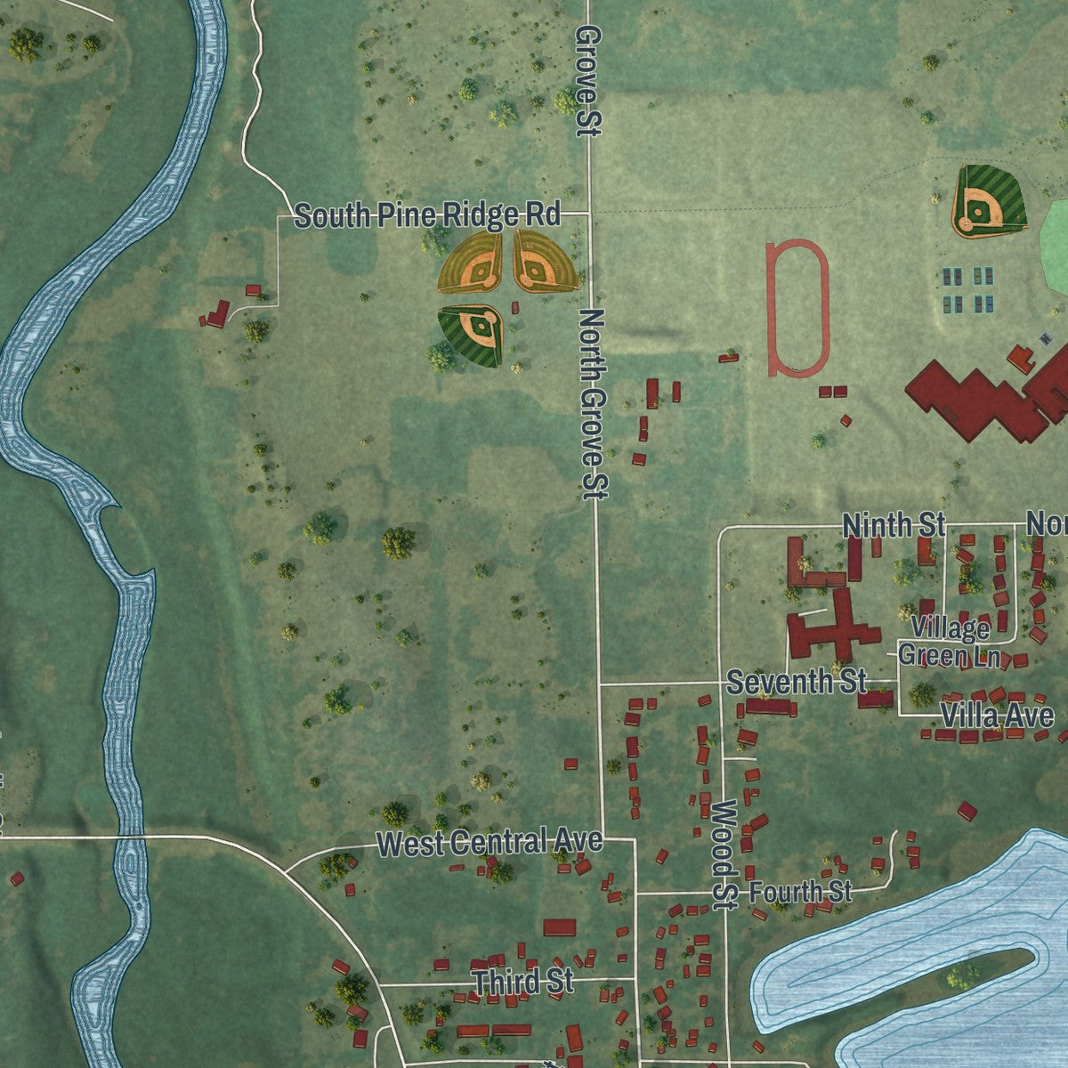 Second close-up of the map of Mora, Minnesota print showing more streets and buildings
