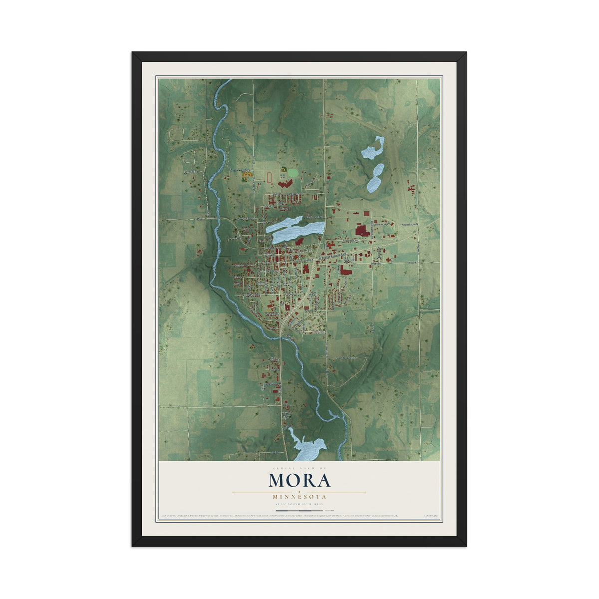 Map of Mora, Minnesota, 12 x 18 inch print in a black wood frame