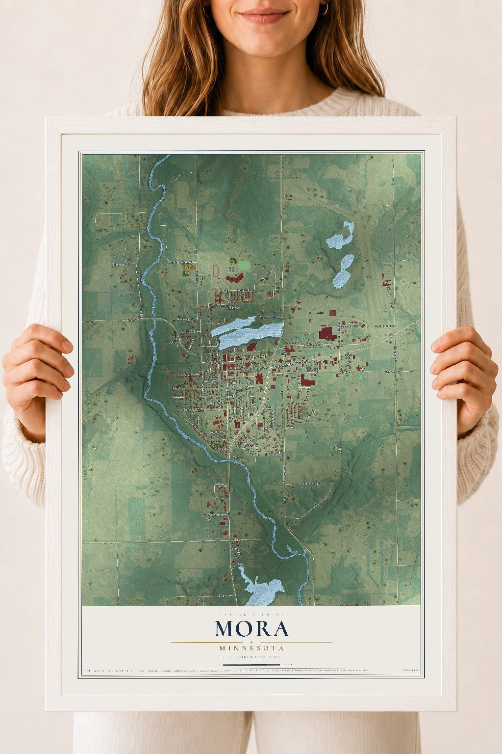 Map of Mora, Minnesota, 18 x 24 inch print in a white wood frame