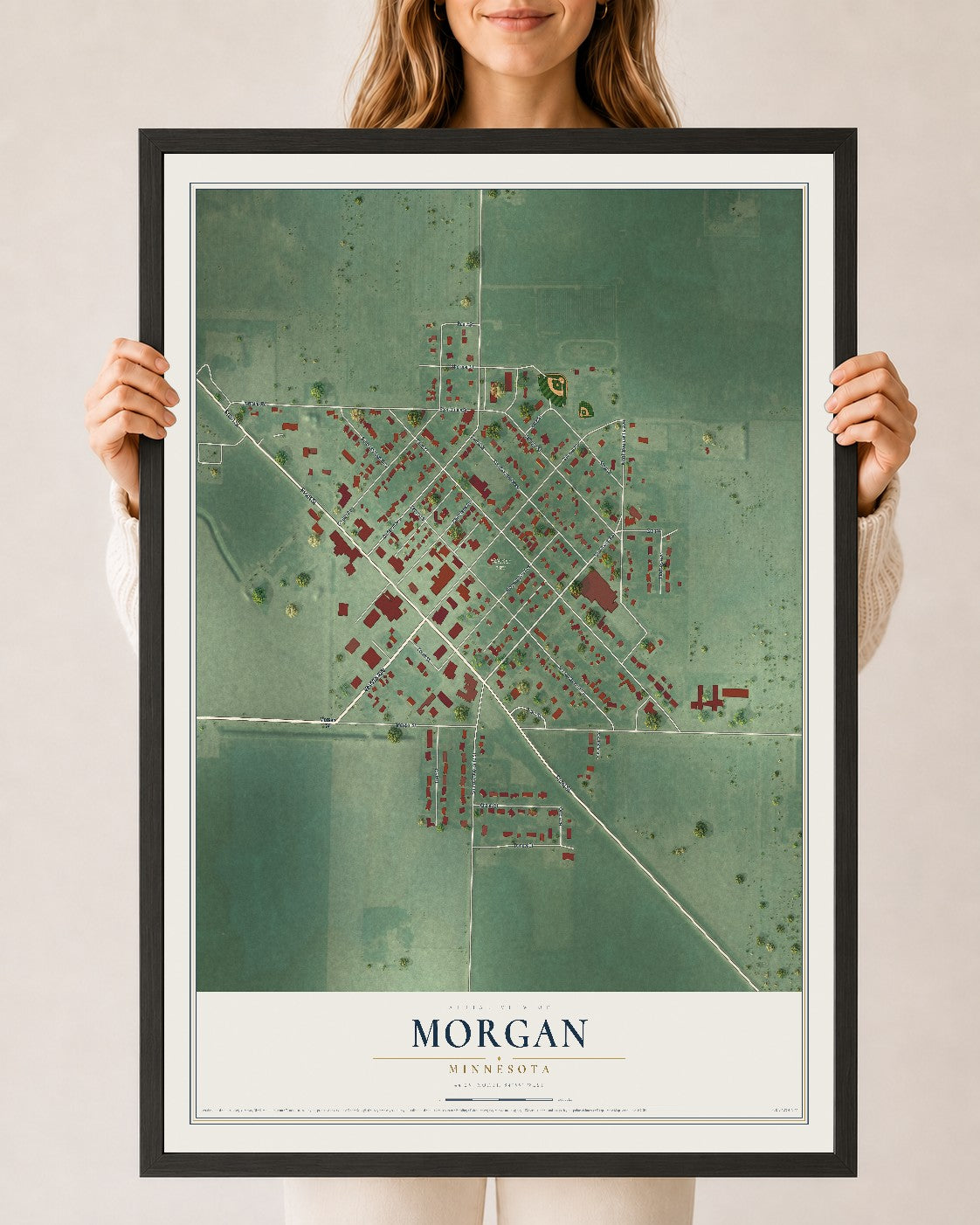 Map of Morgan, Minnesota, 24 x 36 inch print in a black wood frame