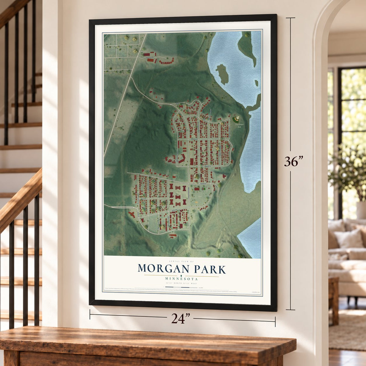 Morgan Park, Minnesota map, 24 x 36 inch print in a black frame by a staircase