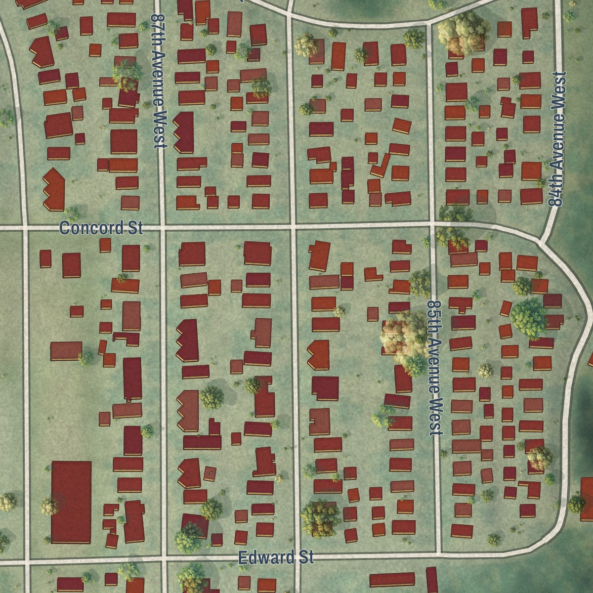 Close-up of the map of Morgan Park, Minnesota print showing street and building detail