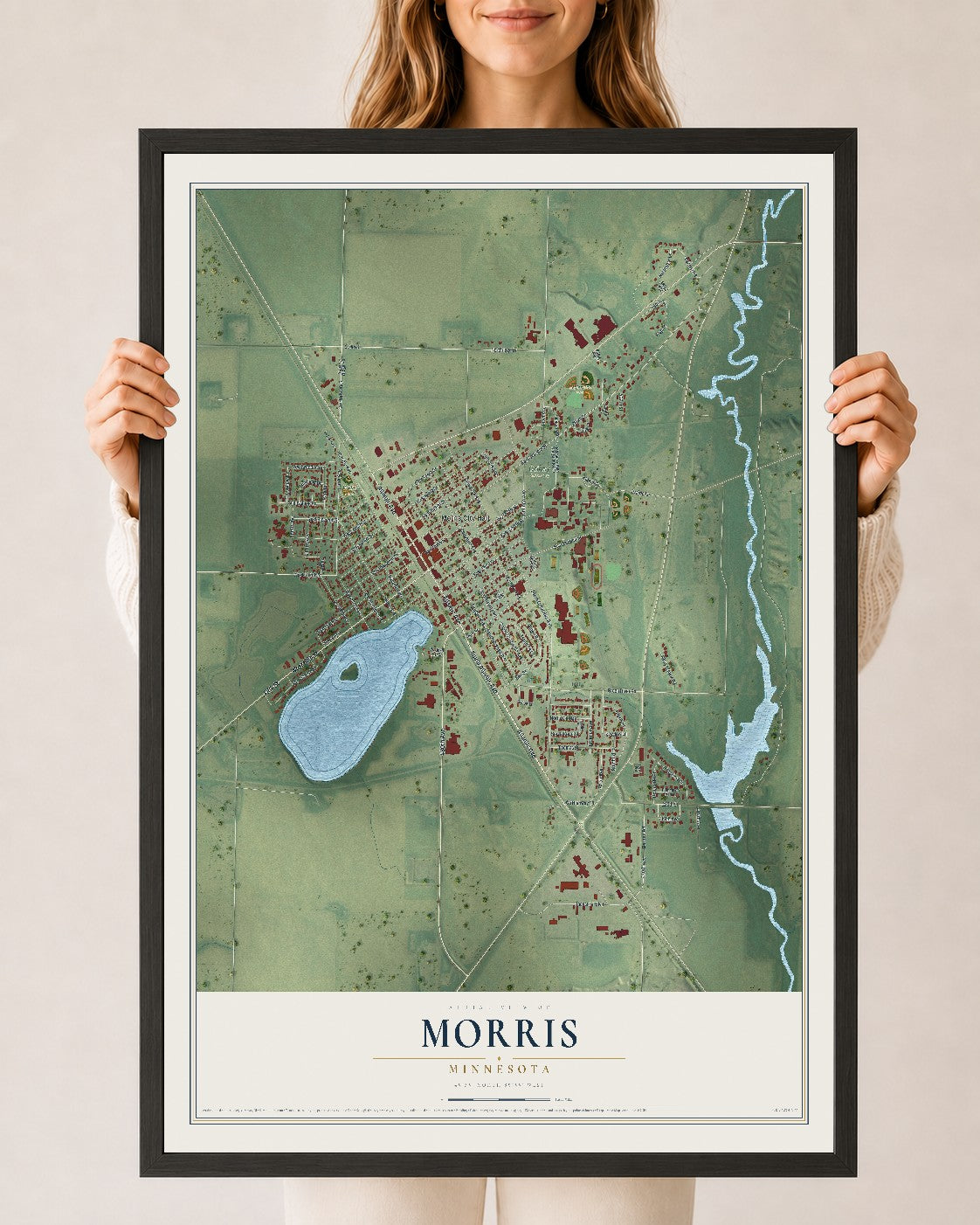 Map of Morris, Minnesota, 24 x 36 inch print in a black wood frame