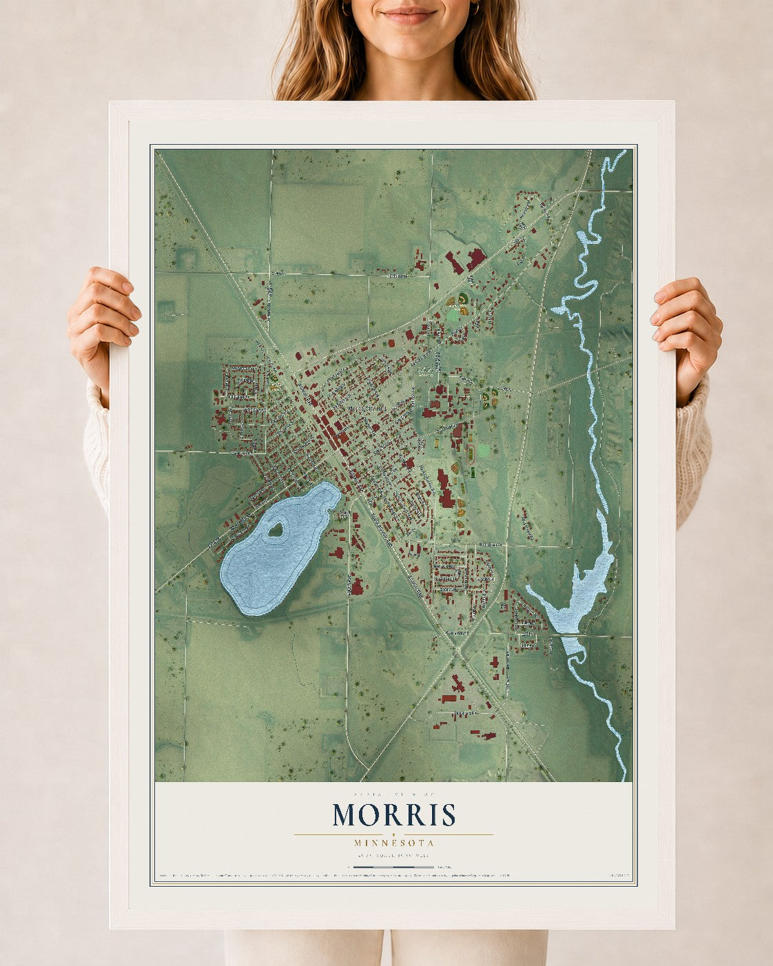 Map of Morris, Minnesota, 24 x 36 inch print in a white wood frame
