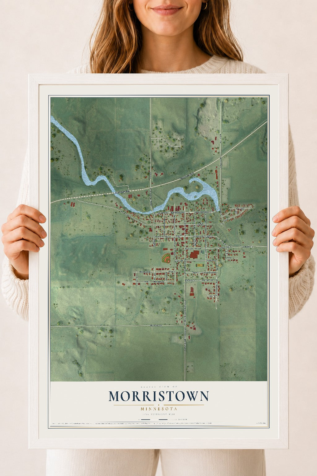 Map of Morristown, Minnesota, 18 x 24 inch print in a white wood frame