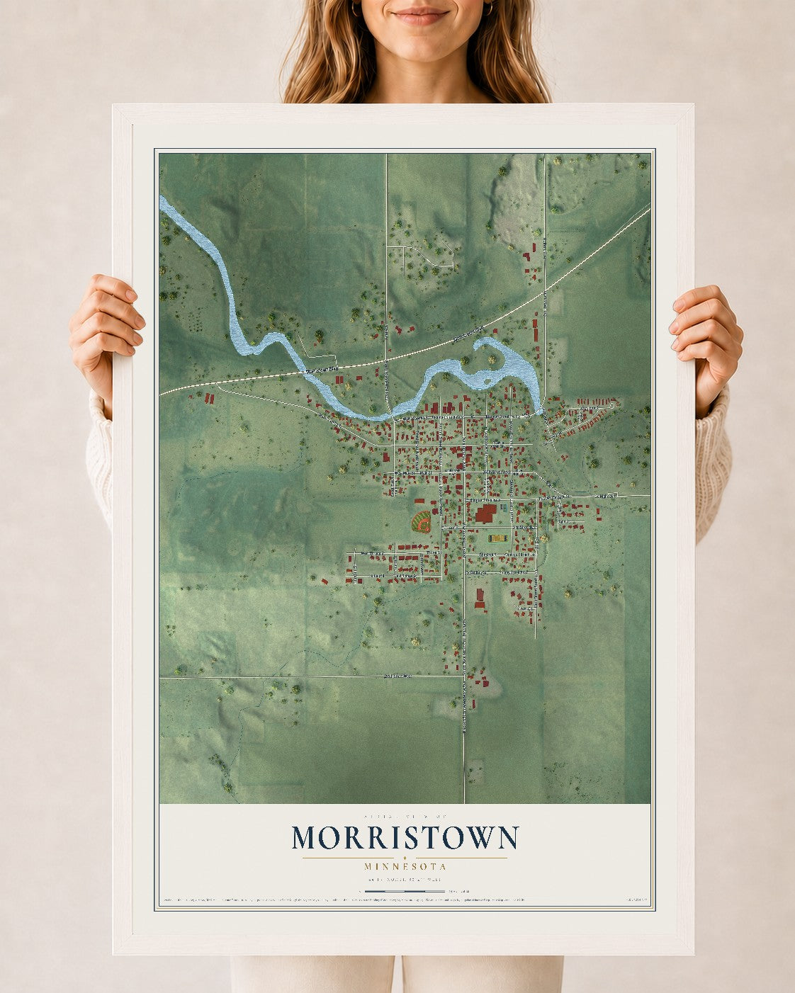 Map of Morristown, Minnesota, 24 x 36 inch print in a white wood frame