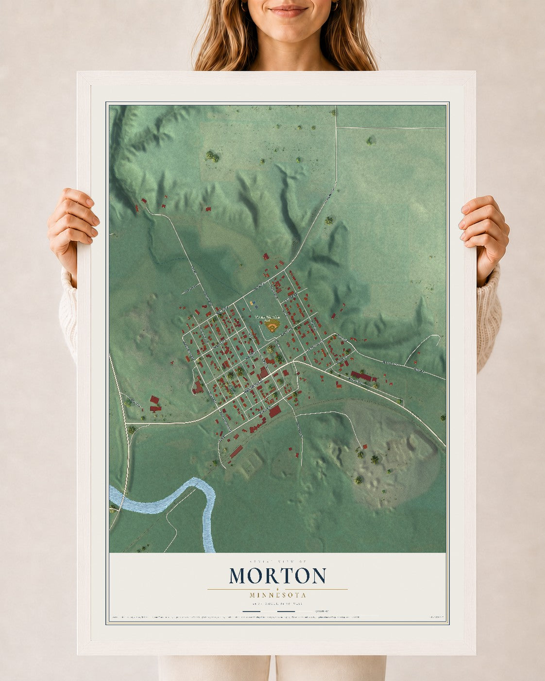 Map of Morton, Minnesota, 24 x 36 inch print in a white wood frame