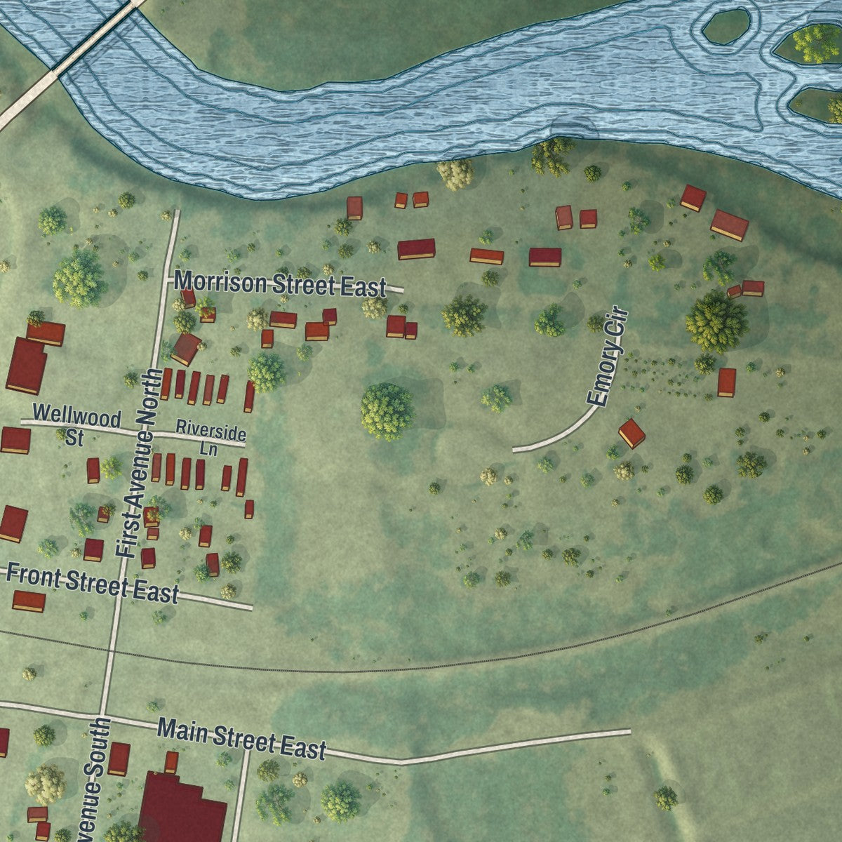 Second close-up of the map of Motley, Minnesota print showing more streets and buildings
