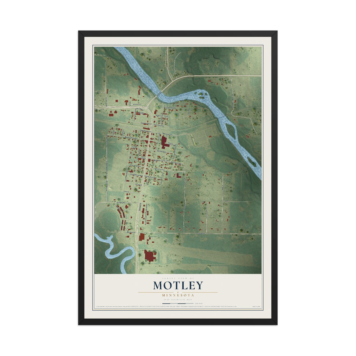 Map of Motley, Minnesota, 12 x 18 inch print in a black wood frame