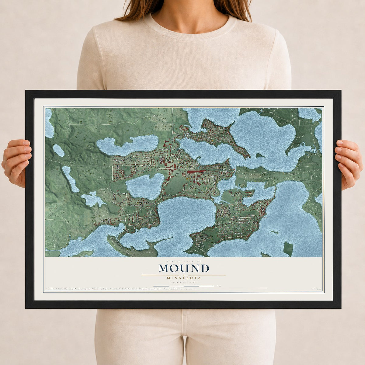 Map of Mound, Minnesota, 12 x 18 inch print in a black wood frame