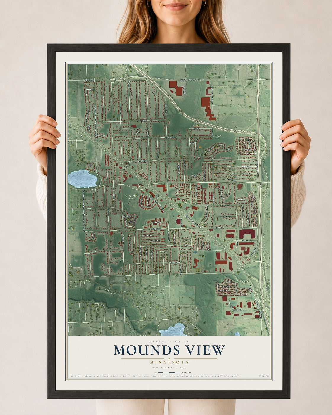 Map of Mounds View, Minnesota, 24 x 36 inch print in a black wood frame