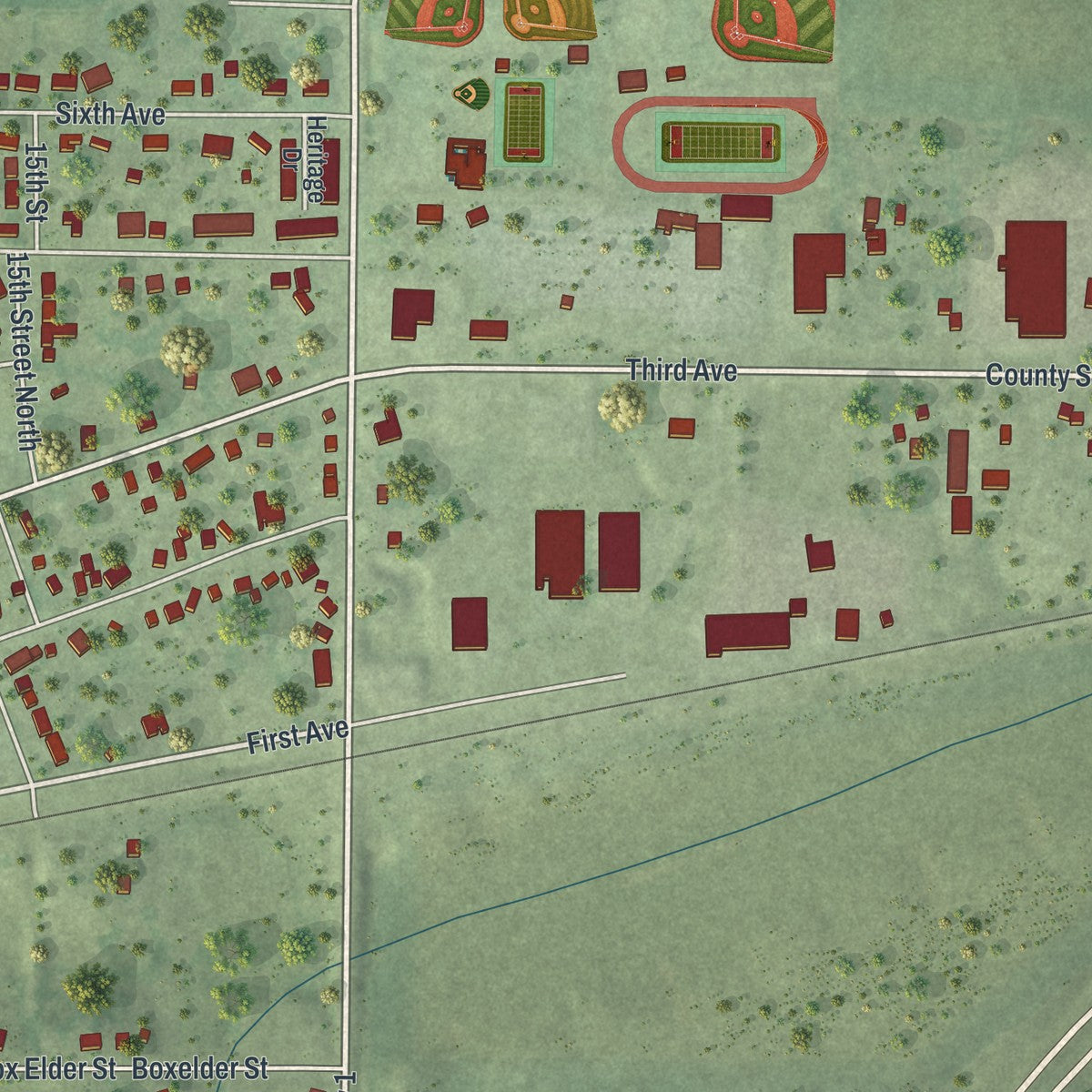 Second close-up of the map of Mountain Lake, Minnesota print showing more streets and buildings