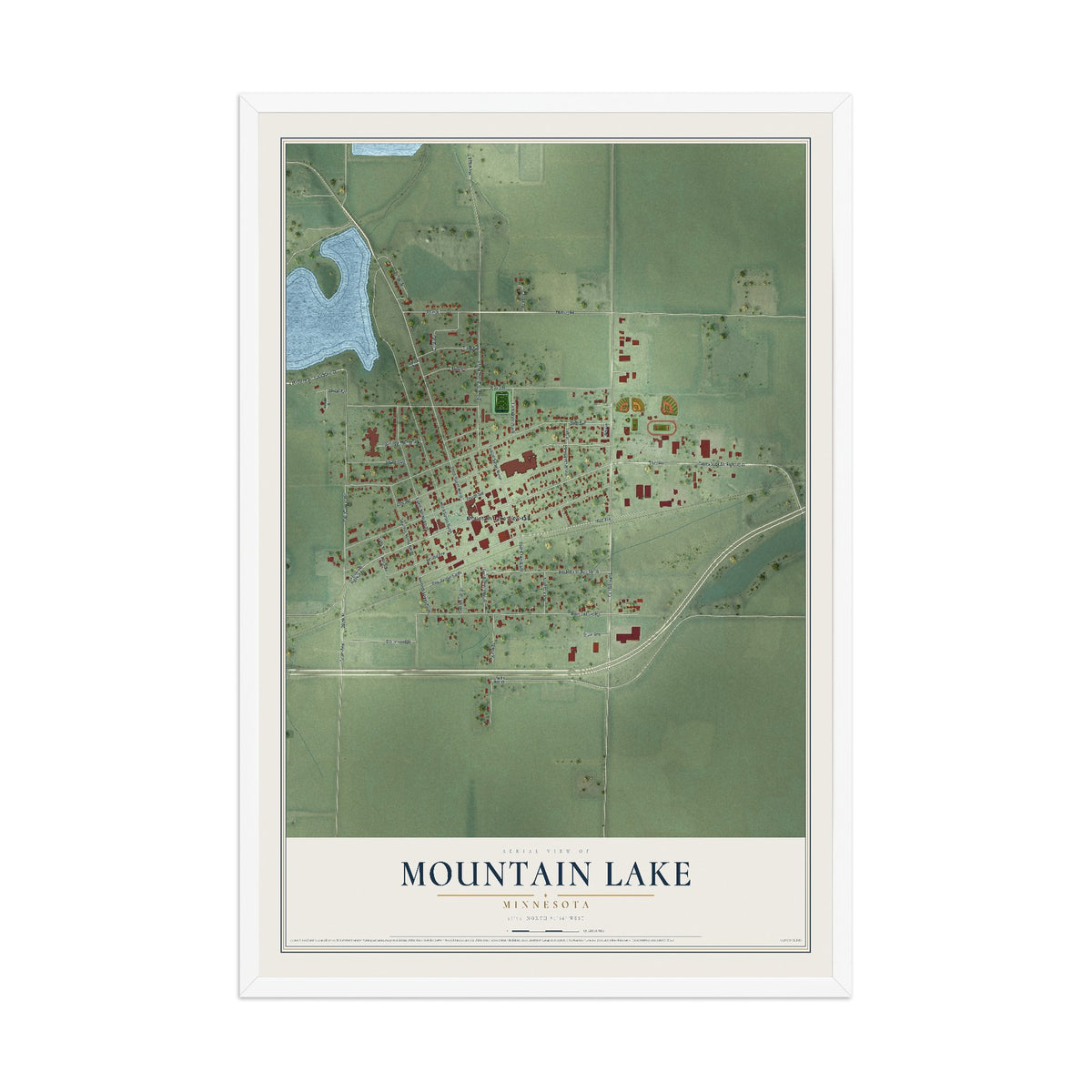 Map of Mountain Lake, Minnesota, 12 x 18 inch print in a white wood frame