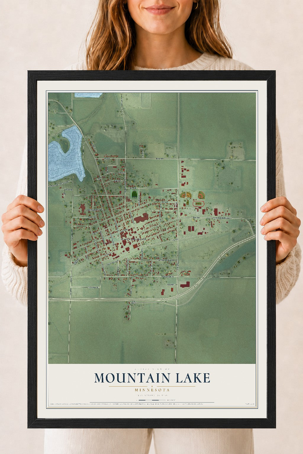 Map of Mountain Lake, Minnesota, 18 x 24 inch print in a black wood frame