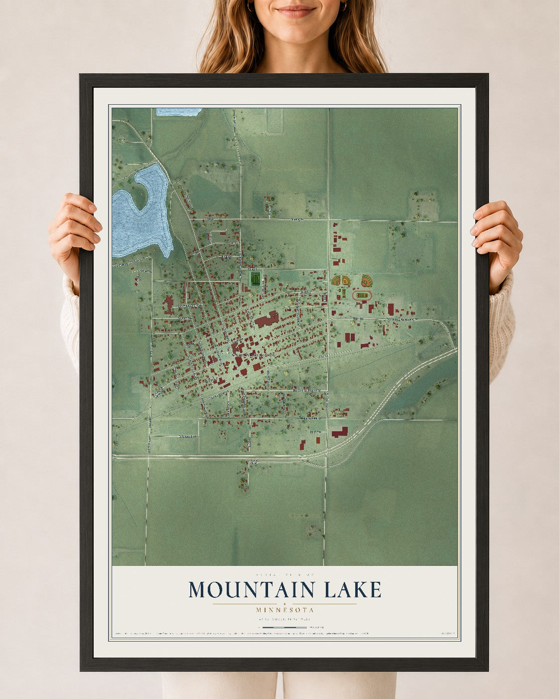 Map of Mountain Lake, Minnesota, 24 x 36 inch print in a black wood frame