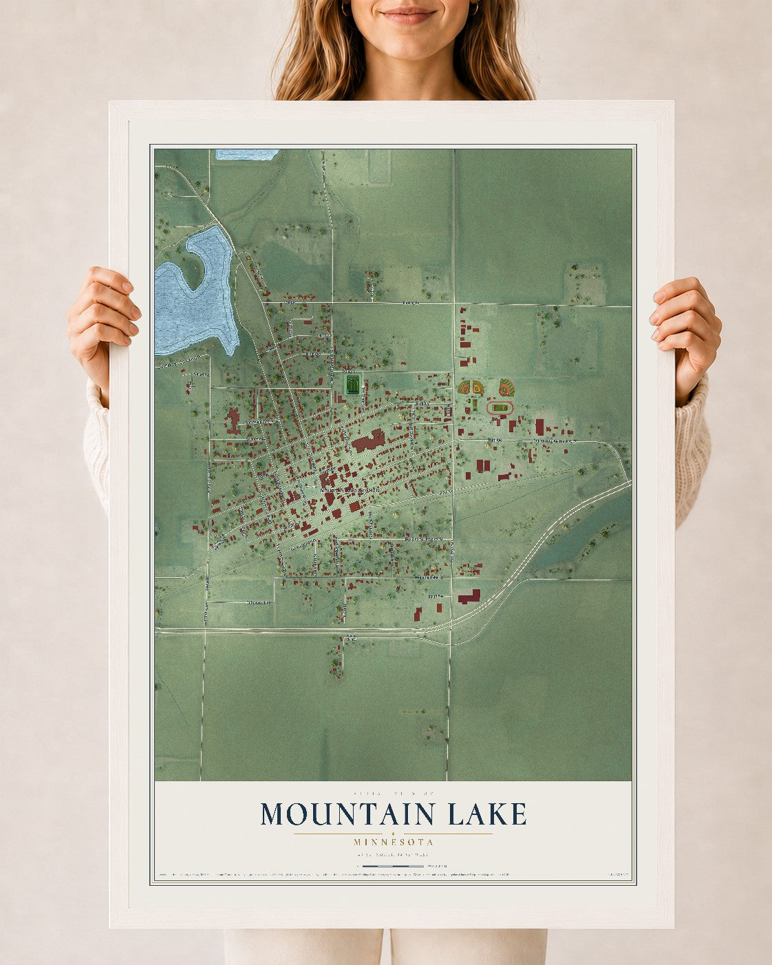Map of Mountain Lake, Minnesota, 24 x 36 inch print in a white wood frame