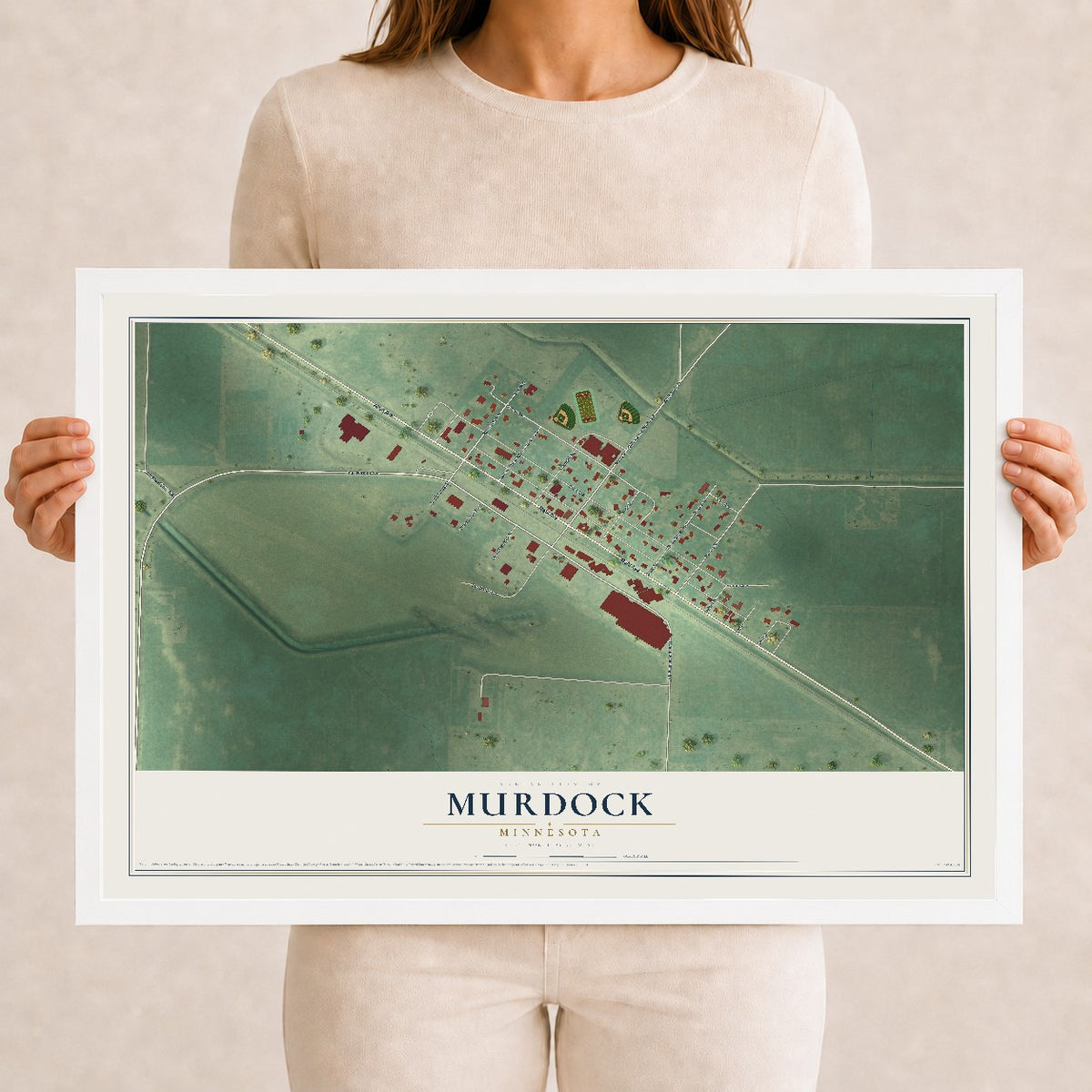 Map of Murdock, Minnesota, 12 x 18 inch print in a white wood frame