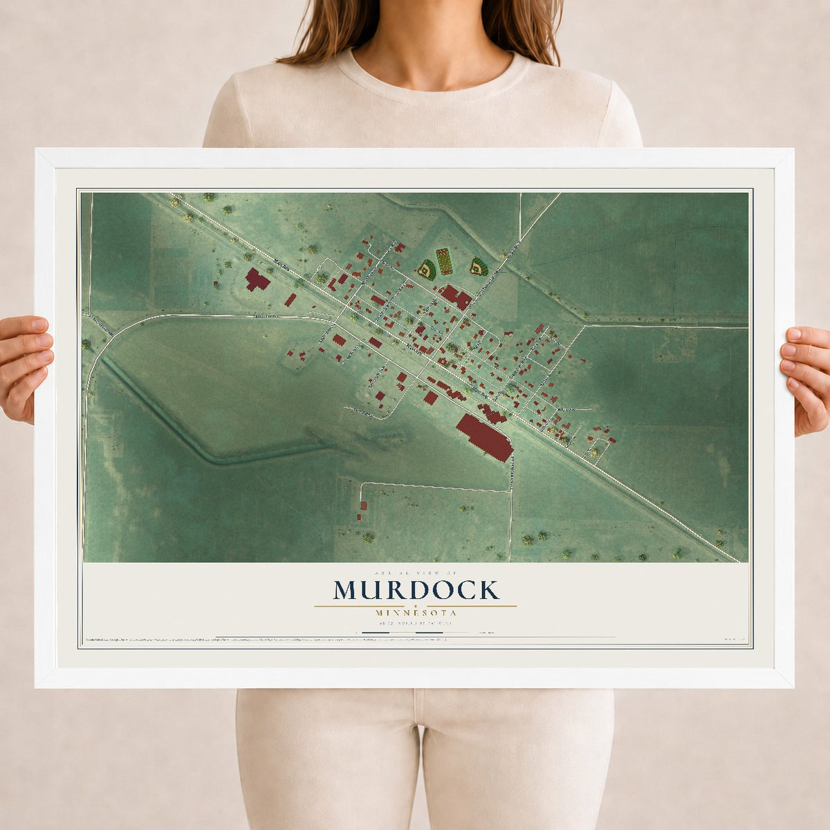 Map of Murdock, Minnesota, 18 x 24 inch print in a white wood frame