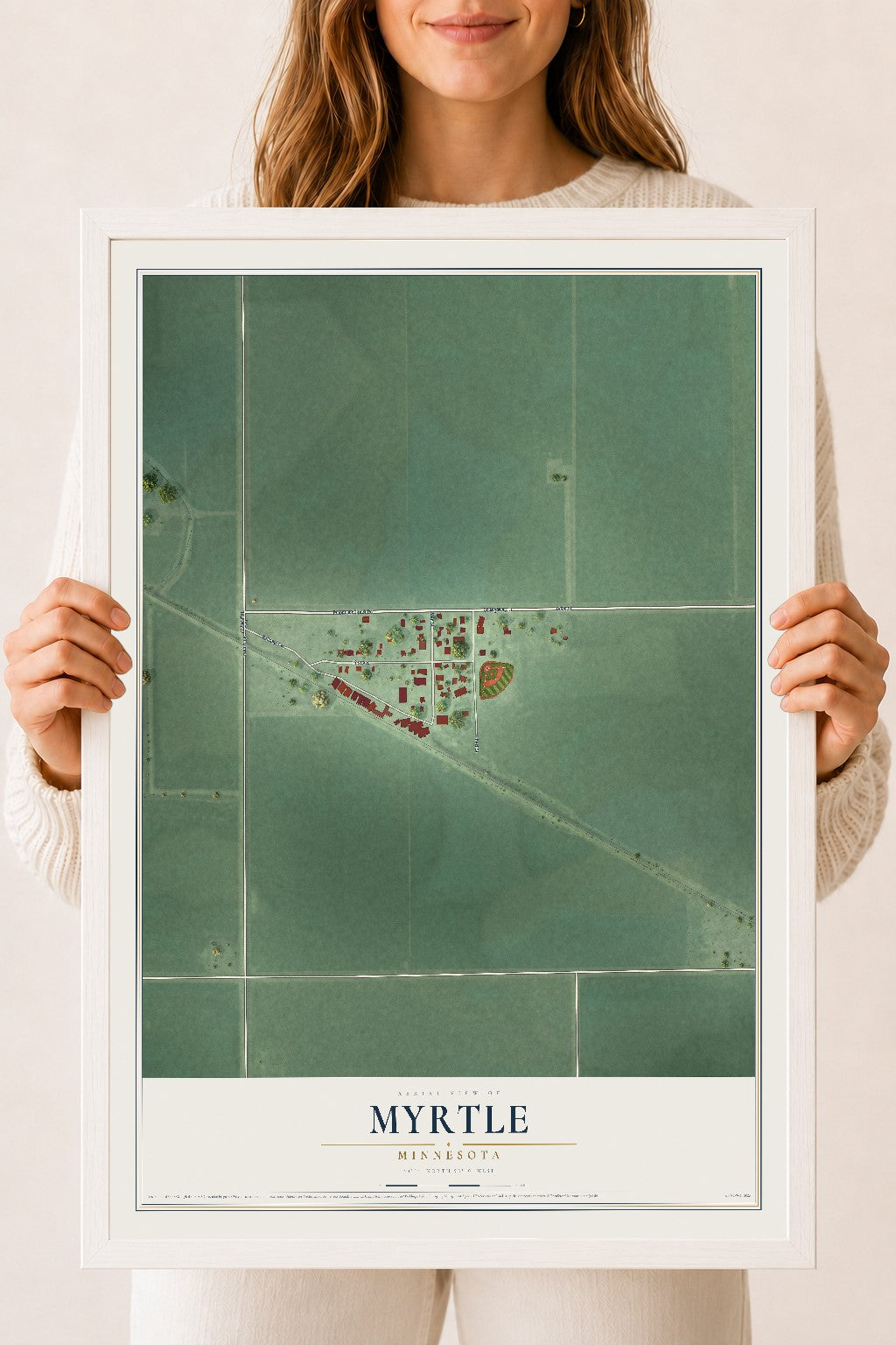 Map of Myrtle, Minnesota, 18 x 24 inch print in a white wood frame