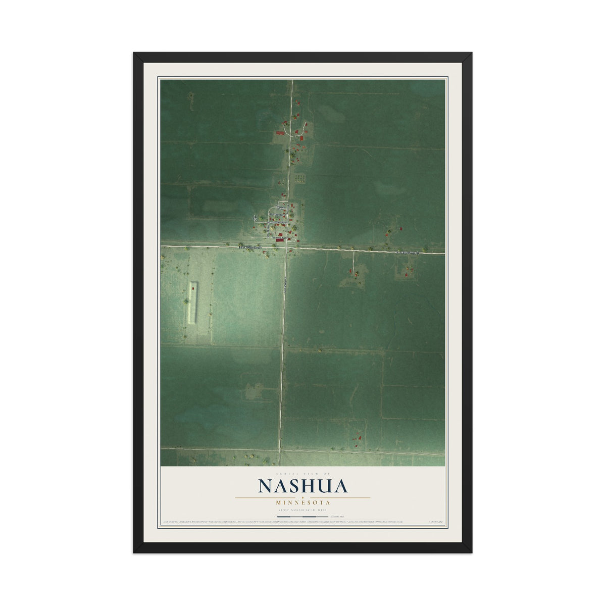 Map of Nashua, Minnesota, 12 x 18 inch print in a black wood frame