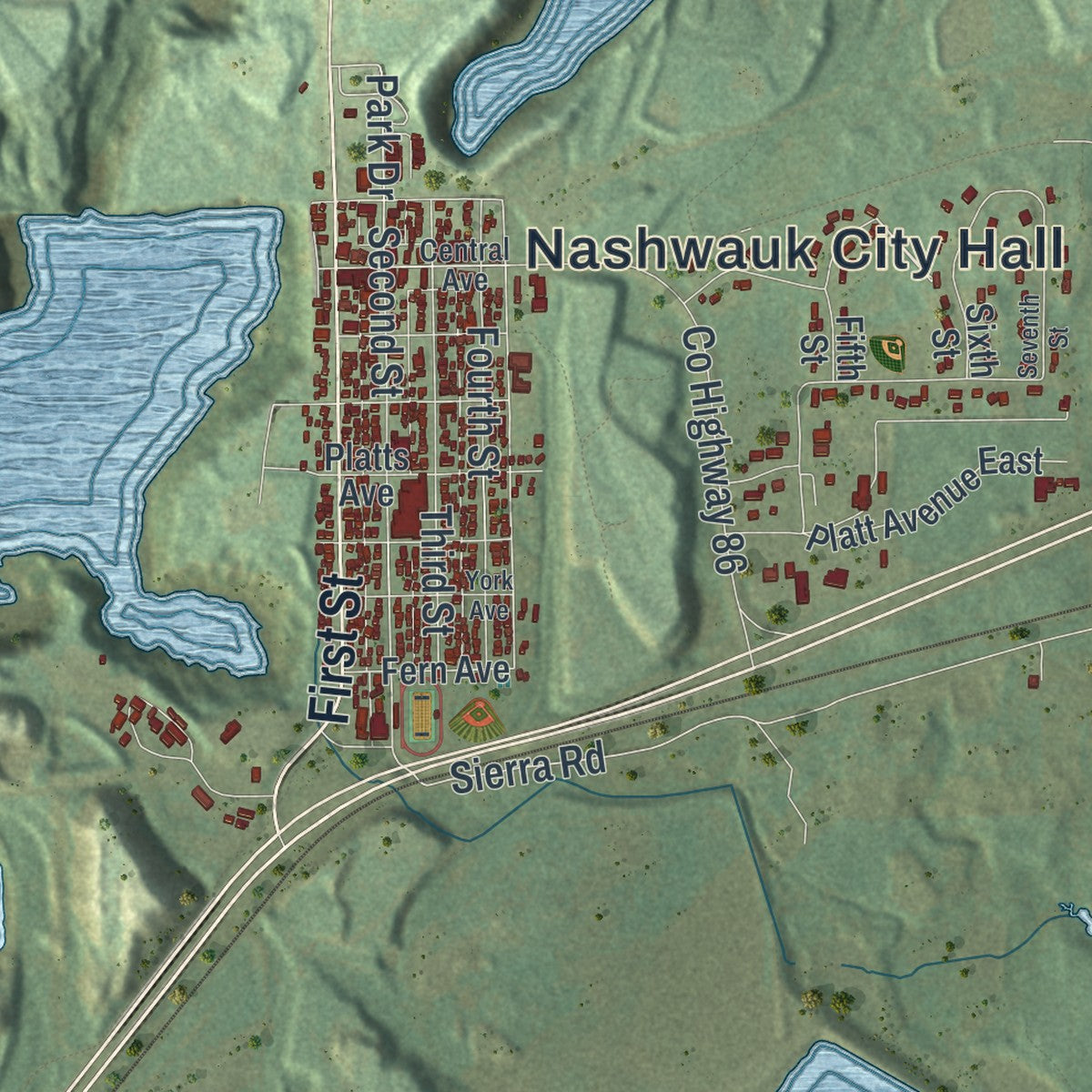 Close-up of the map of Nashwauk, Minnesota print showing street and building detail