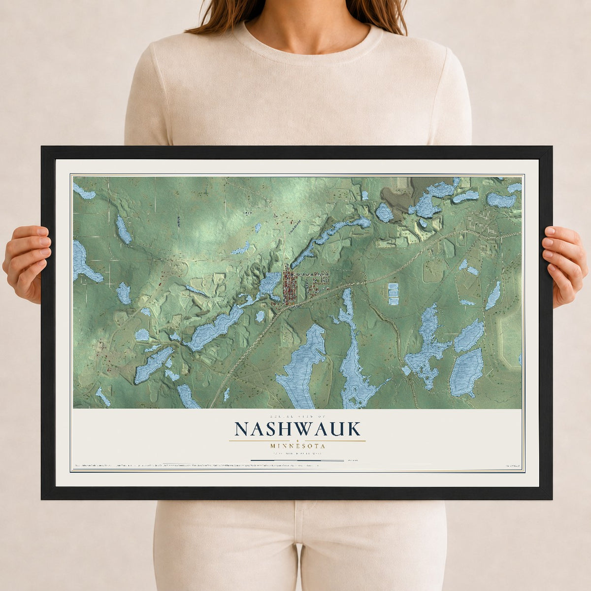 Map of Nashwauk, Minnesota, 12 x 18 inch print in a black wood frame