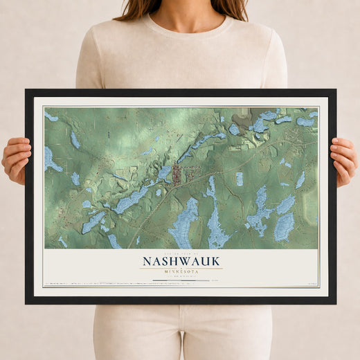 Map of Nashwauk, Minnesota, 12 x 18 inch print in a black wood frame